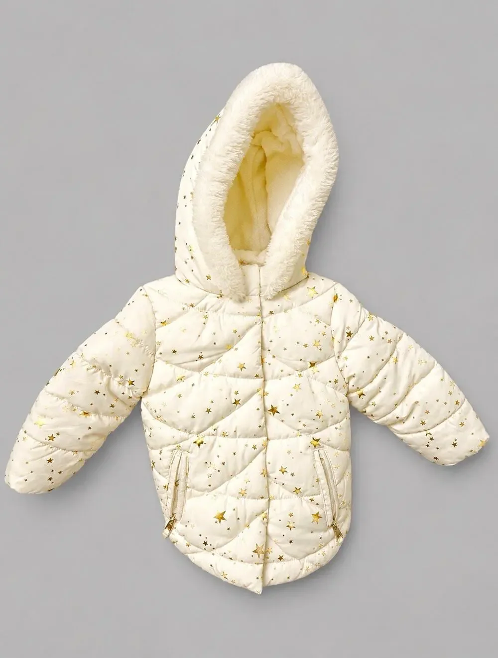 Steve Madden Hooded Full Zip Puffer Jacket Ivory Gold Stars Unisex 10M